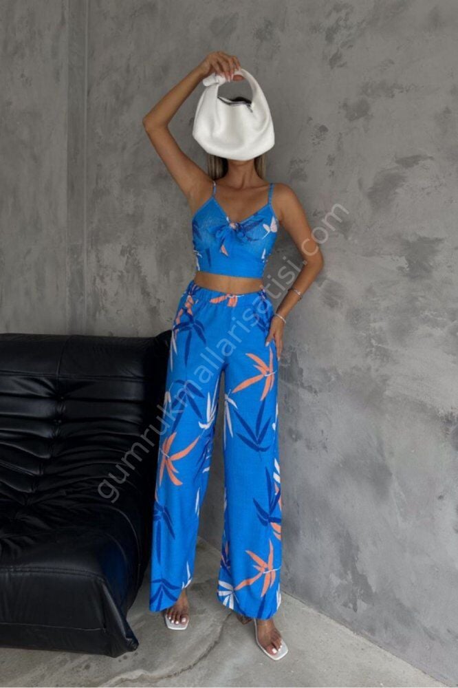 Desenli Bürümcük Krop Türüm Mavi Takım