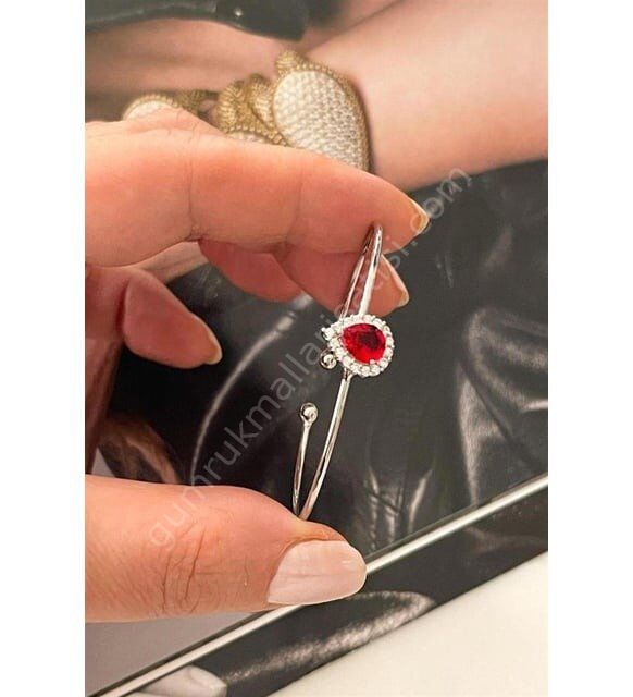 Altın Kaplama Kırmızı Zirkon Taşlı Gümüş Renk Minimal Kelepçe Bileklik