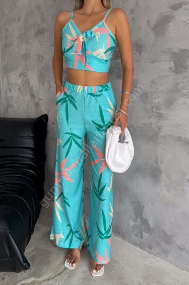 Desenli Bürümcük Krop Türüm Açık Yeşil Takım