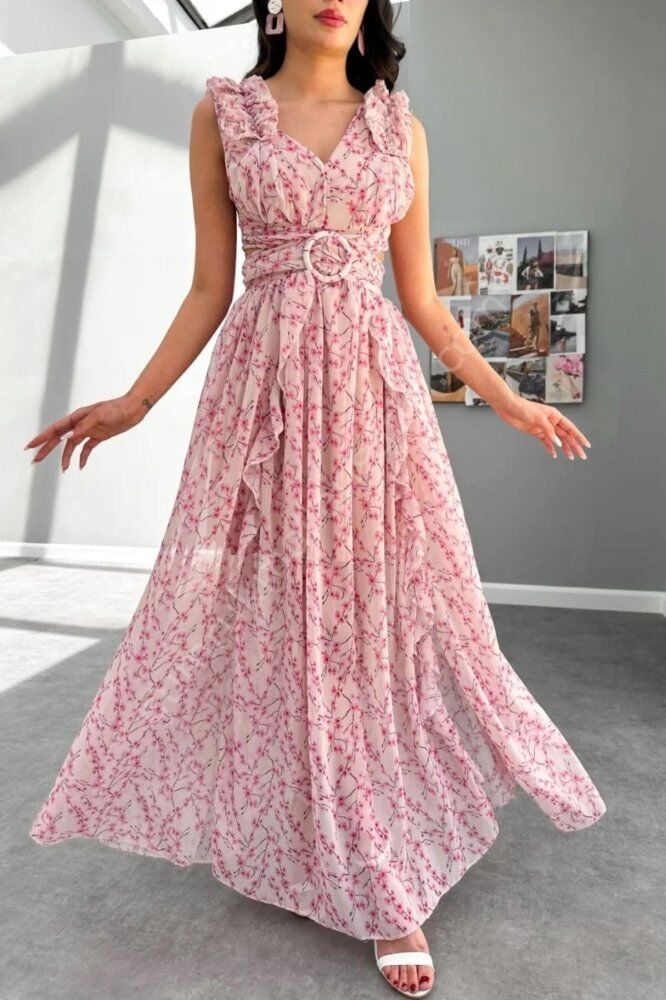 Kolları Fırfırlı Bel Çapraz Detaylı Evin Pembe Elbise