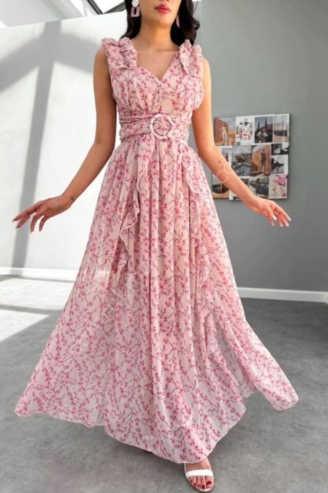 Kolları Fırfırlı Bel Çapraz Detaylı Evin Pembe Elbise