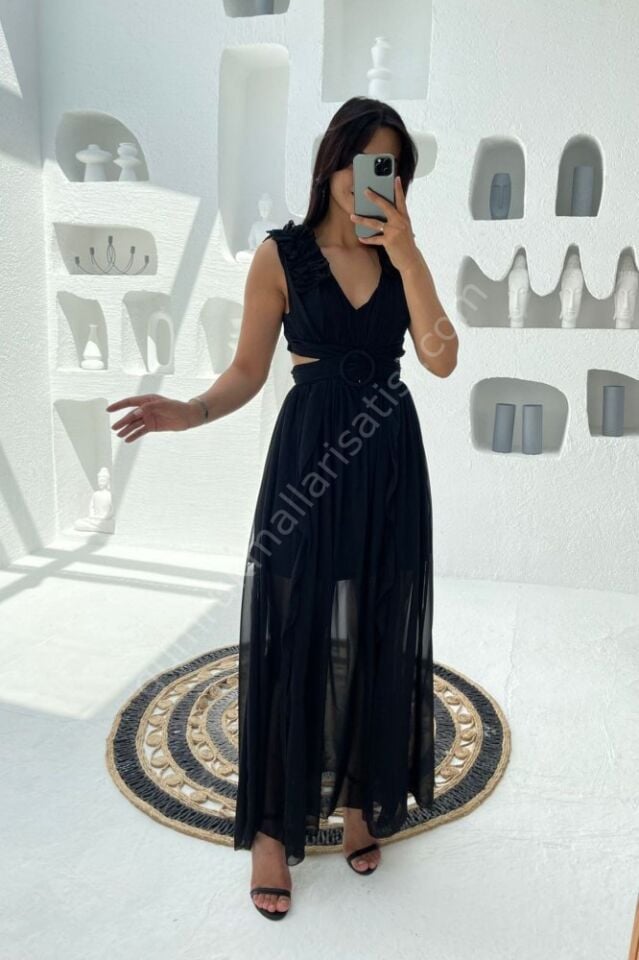 Kolları Fırfırlı Bel Çapraz Detaylı Evin Siyah Elbise