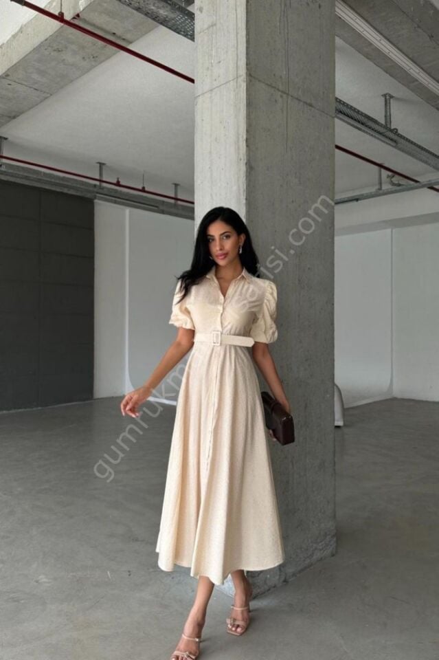 Balon Kol Sim Detaylı Himar Krem Elbise