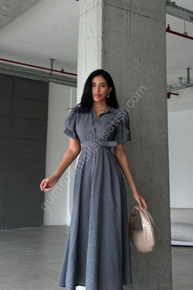 Balon Kol Sim Detaylı Himar Gri Elbise