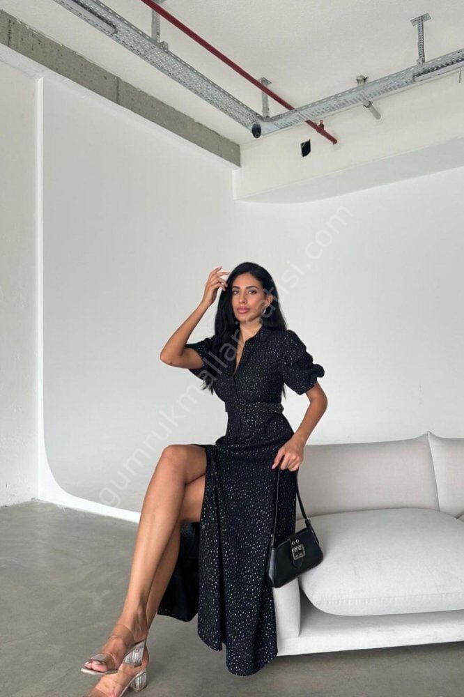 Balon Kol Sim Detaylı Himar Siyah Elbise