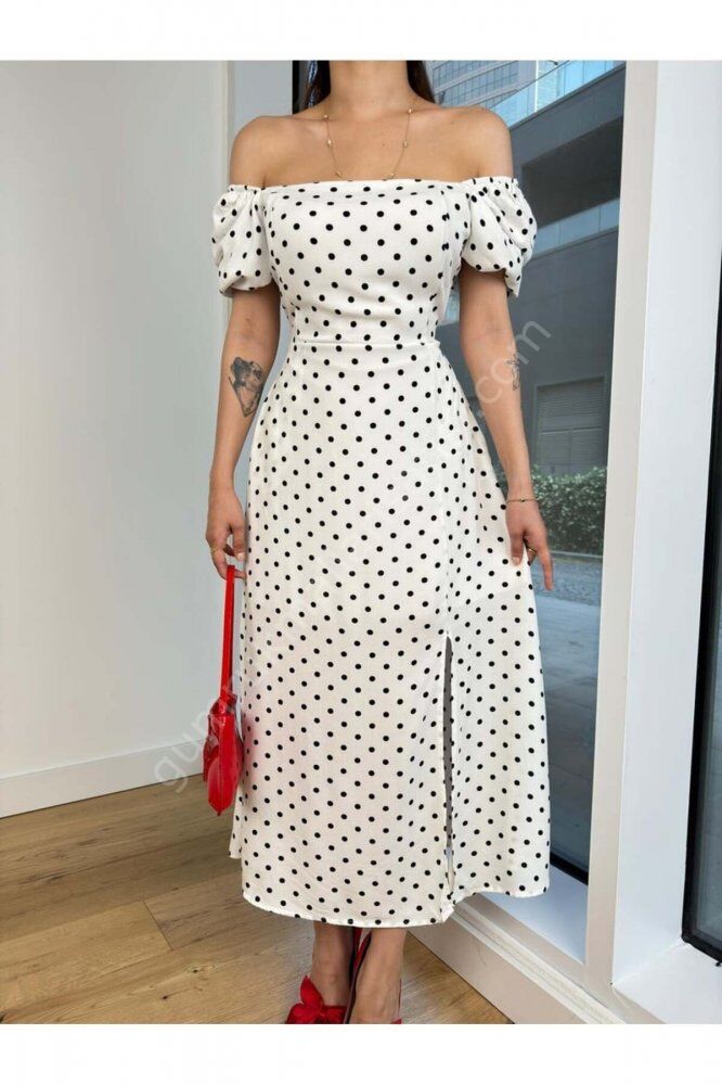 Belden Bağlamalı Puantiyeli Balon Kol Beyaz Elbise