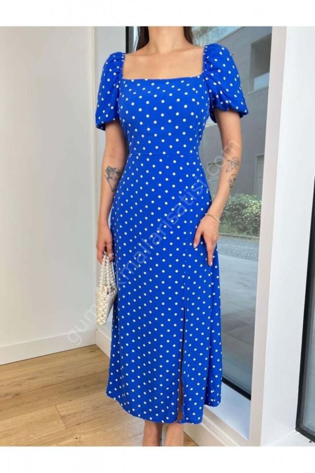 Belden Bağlamalı Puantiyeli Balon Kol Mavi Elbise