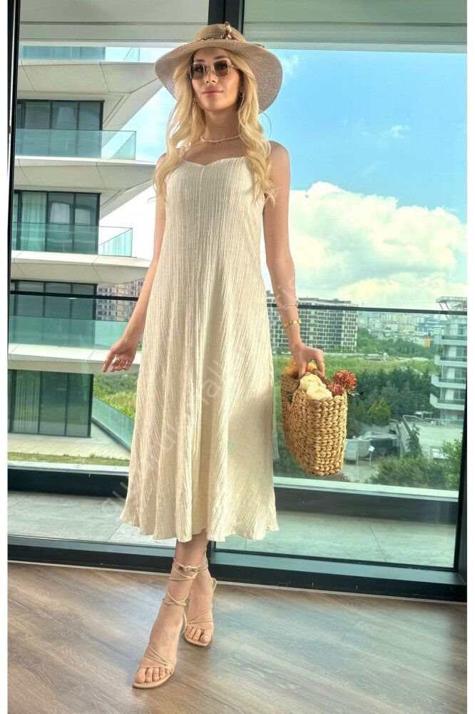 Keten Dokulu Askılı Uzun V Yaka Elbise
