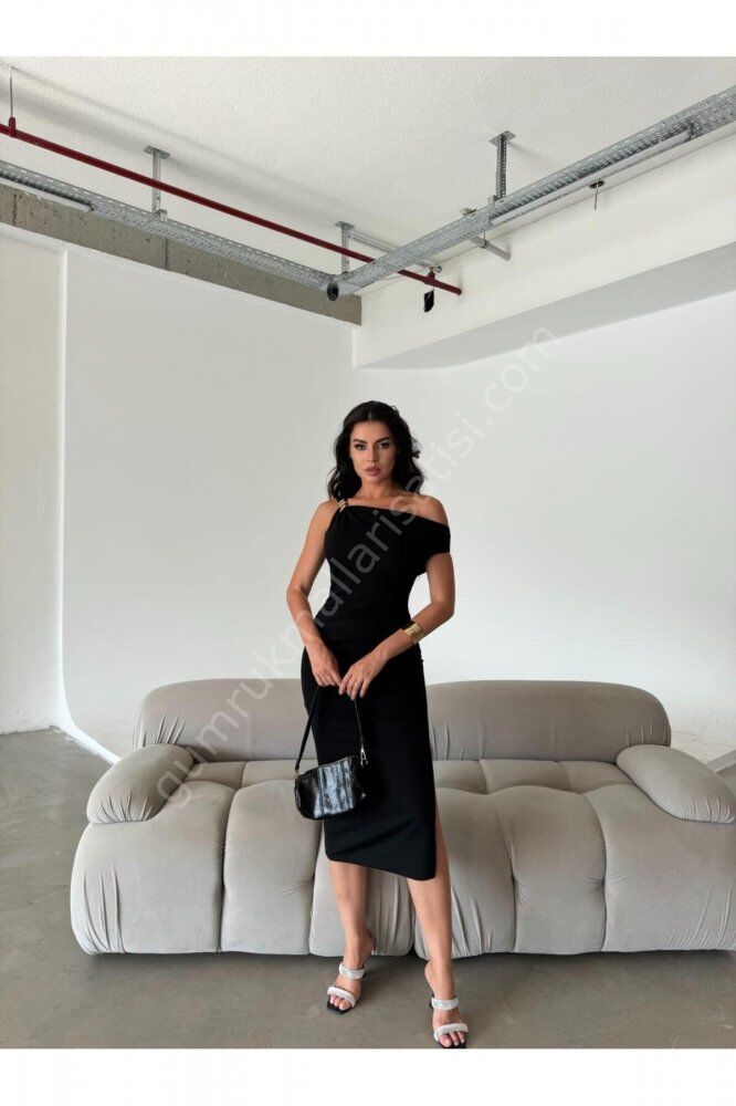 Omuz Detaylı Almila Siyah Elbise