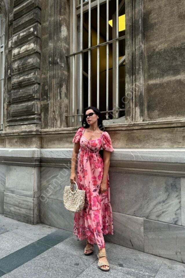 Gece Gülü Zarafeti Uzun Pembe Elbise