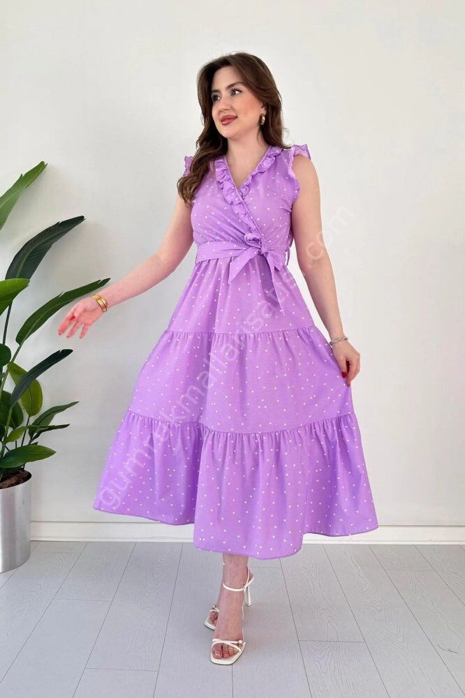 Astarlı Sıfır Kol Zarif Lila Elbise