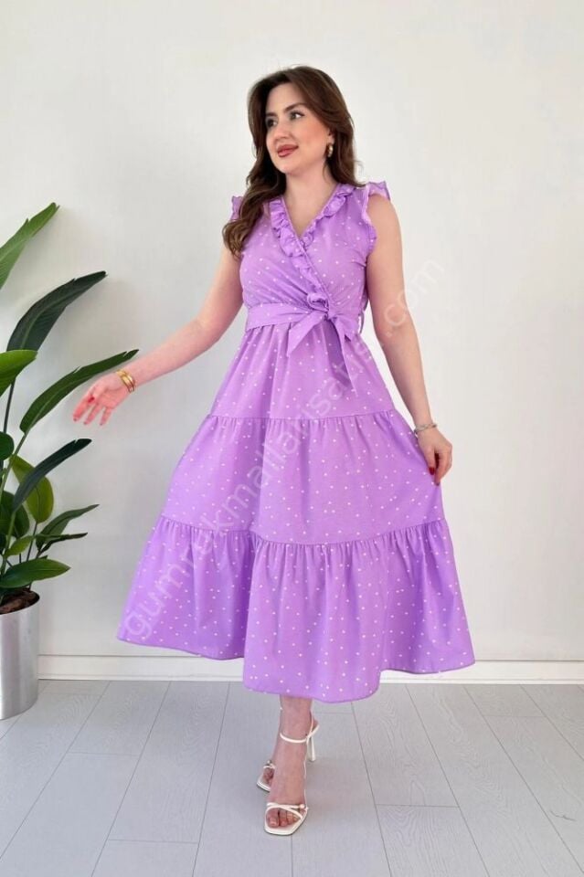 Astarlı Sıfır Kol Zarif Lila Elbise