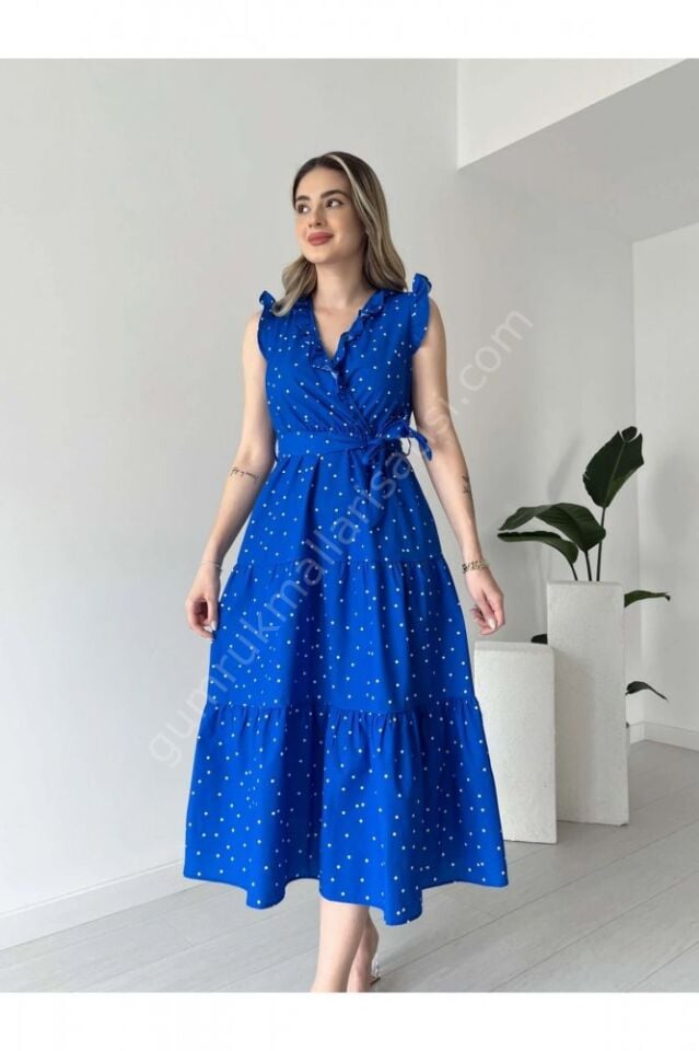 Astarlı Sıfır Kol Zarif Mavi Elbise