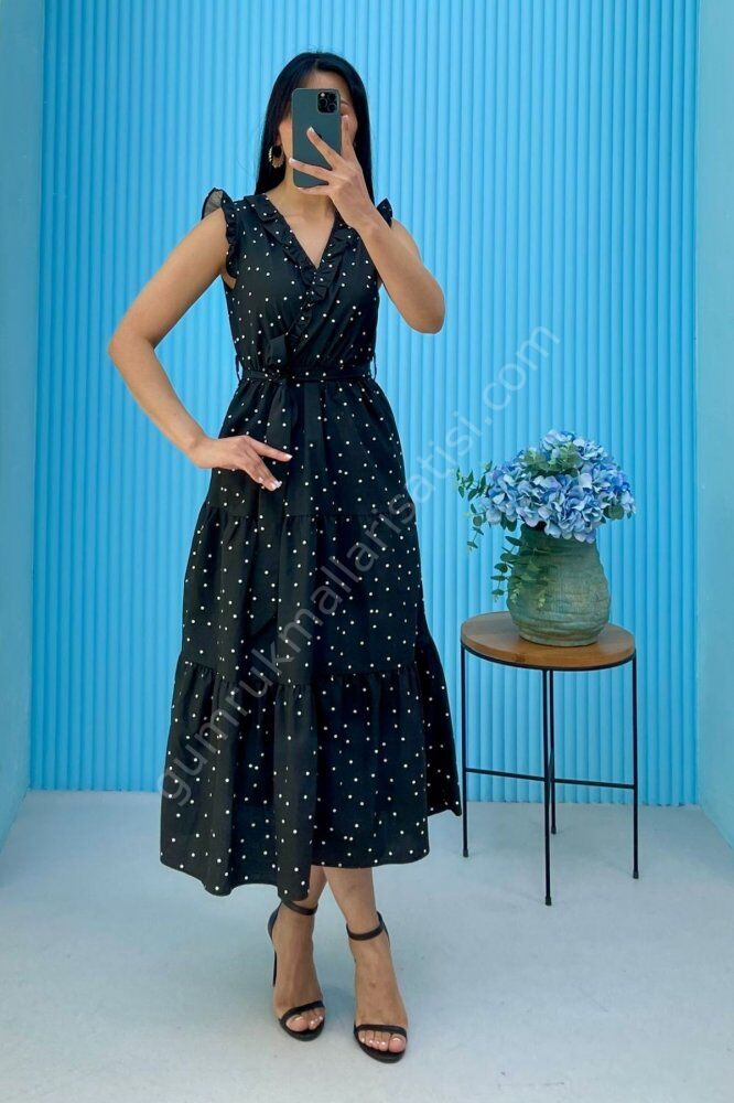 Astarlı Sıfır Kol Zarif Siyah Elbise