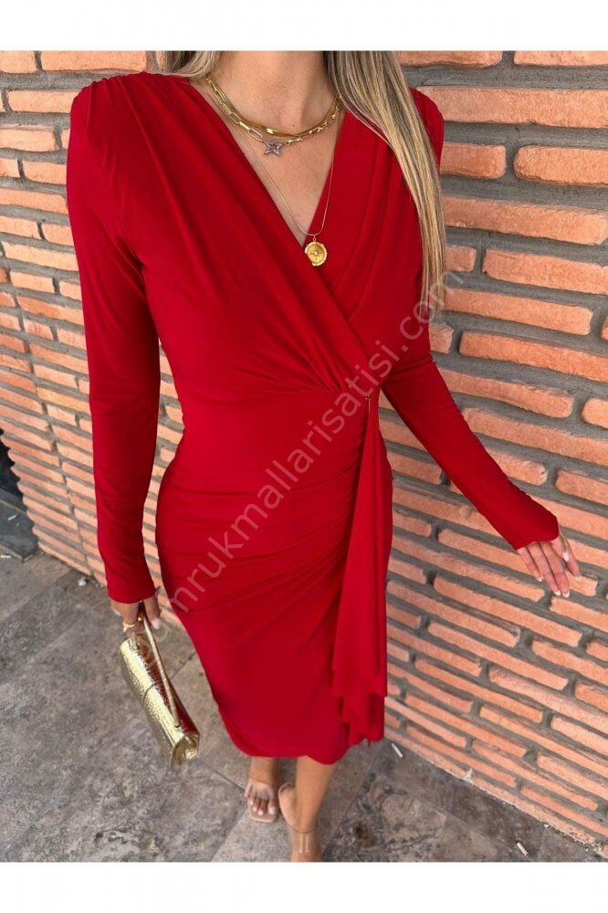 Uzun Kol Drapeli Lina Kırmızı Elbise
