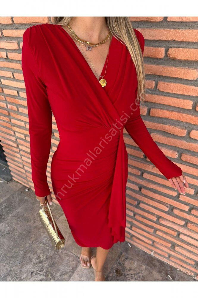 Uzun Kol Drapeli Lina Kırmızı Elbise
