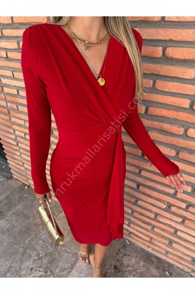Uzun Kol Drapeli Lina Kırmızı Elbise