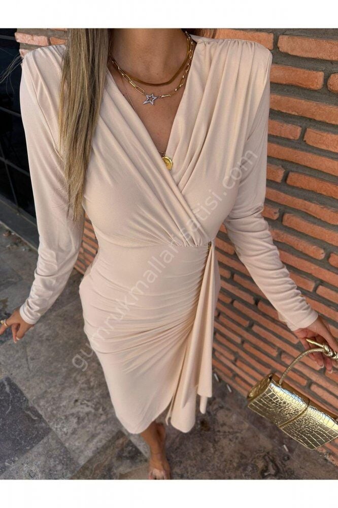 Uzun Kol Drapeli Lina Bej Elbise