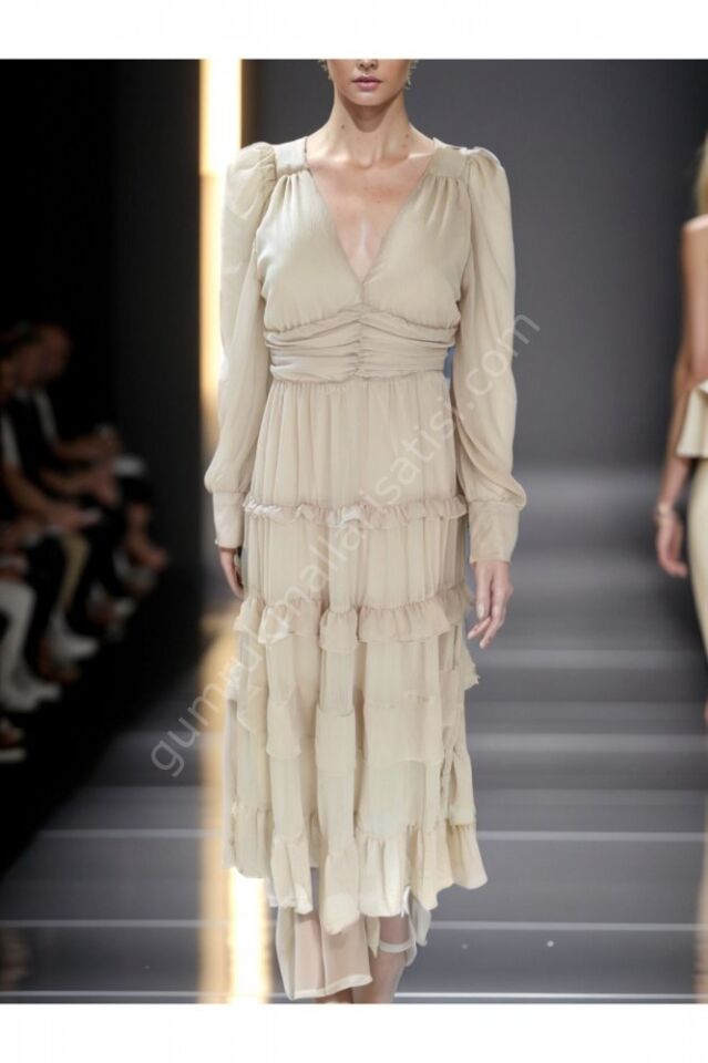 Kat Kat Şifon Konkat Krem Elbise