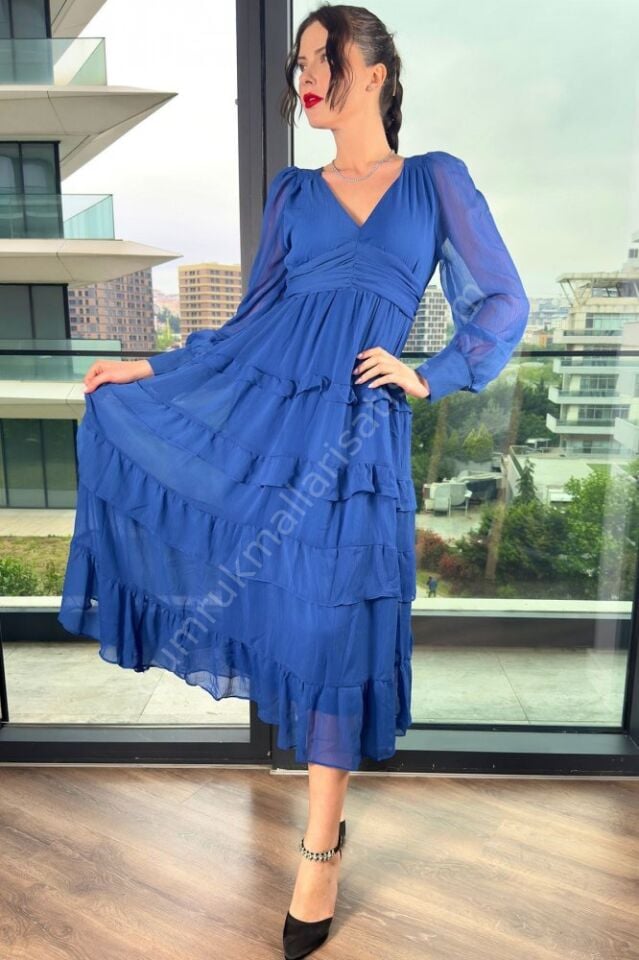 Kat Kat Şifon Konkat Mavi Elbise