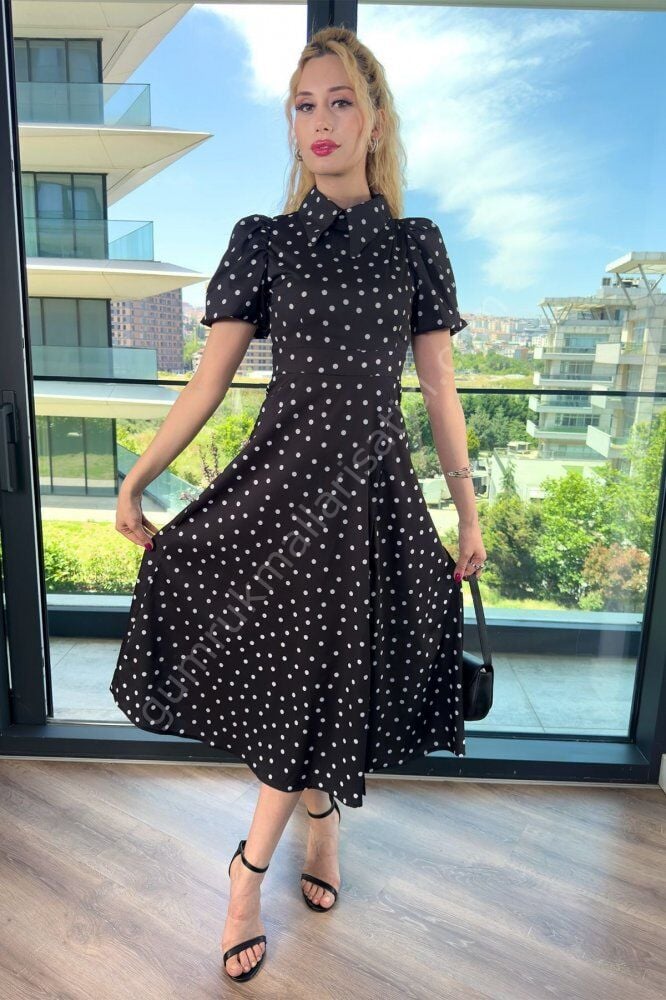 Sırt Fermuarlı Puantiyeli Beltora Siyah Elbise