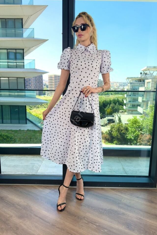 Sırt Fermuarlı Puantiyeli Beltora Beyaz Elbise