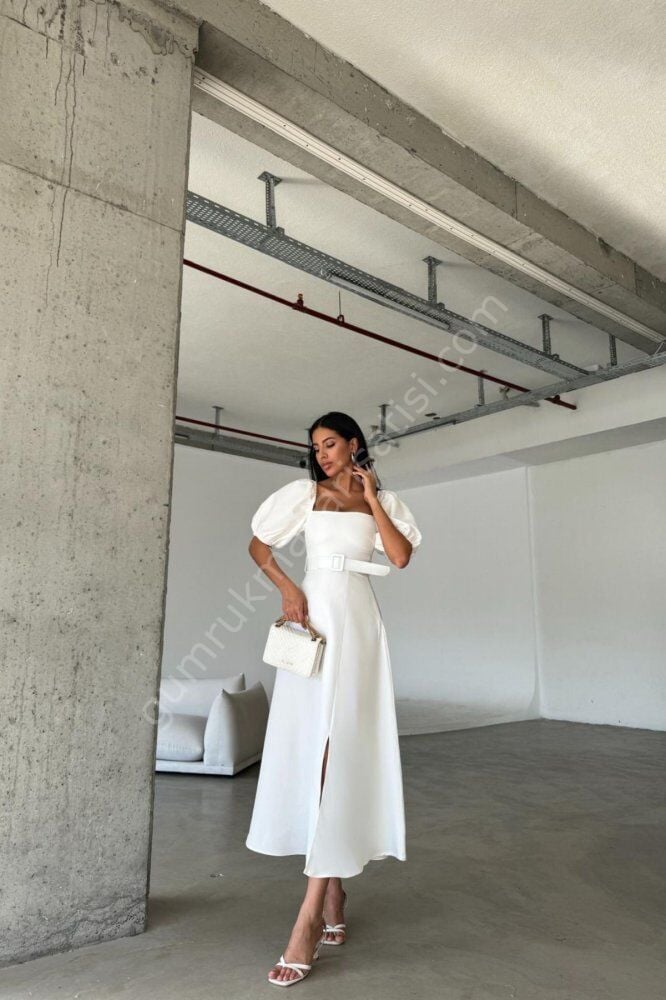 Kemerli Yırtmaçlı Krep Hafkem Elbise