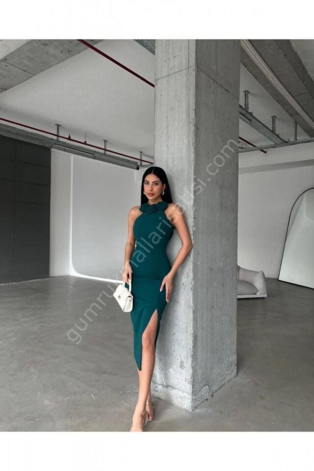 Çiçek Detaylı Drapeli Midi Rahçi Yeşil Elbise