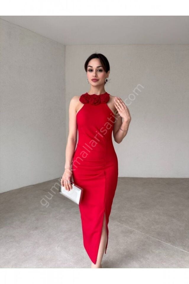 Çiçek Detaylı Drapeli Midi Rahçi kırmızı Elbise