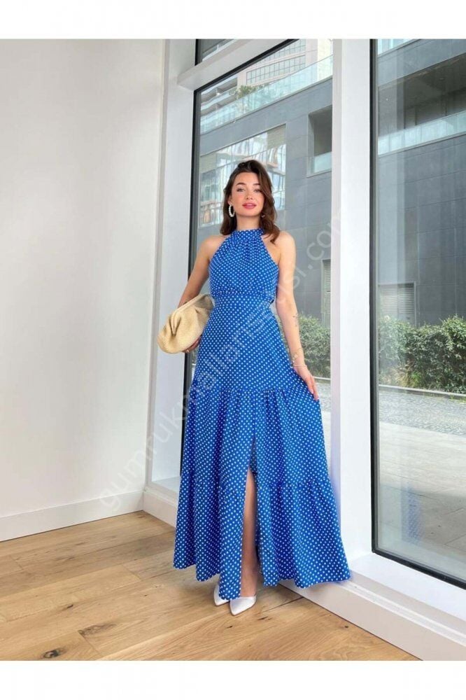 Puantiyeli Viskon Visbel Mavi Elbise