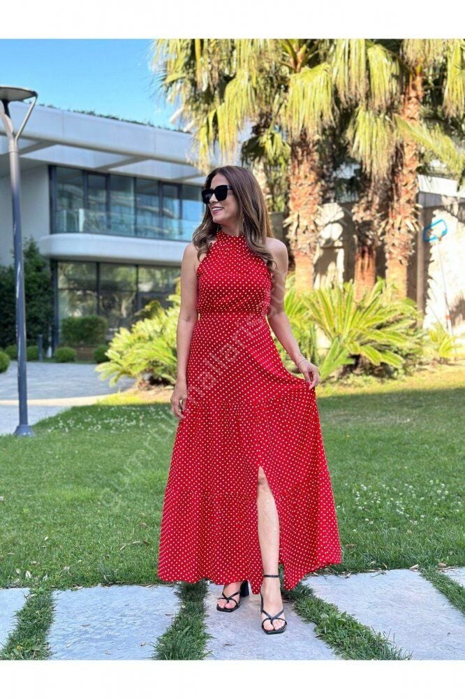 Puantiyeli Viskon Visbel Kırmızı Elbise