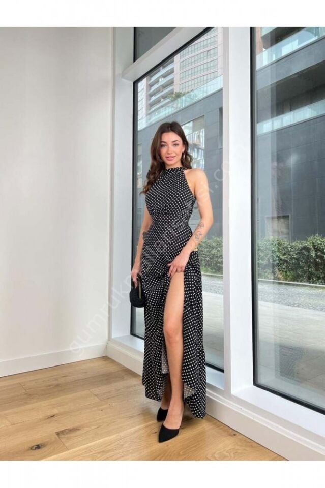 Puantiyeli Viskon Visbel Siyah Elbise