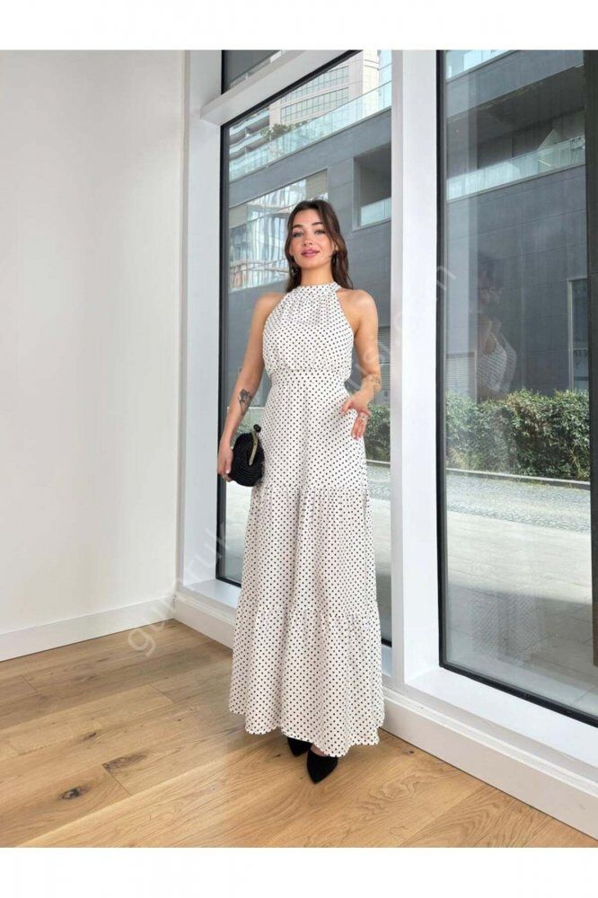 Puantiyeli Viskon Visbel Beyaz Elbise L - Kırmızı