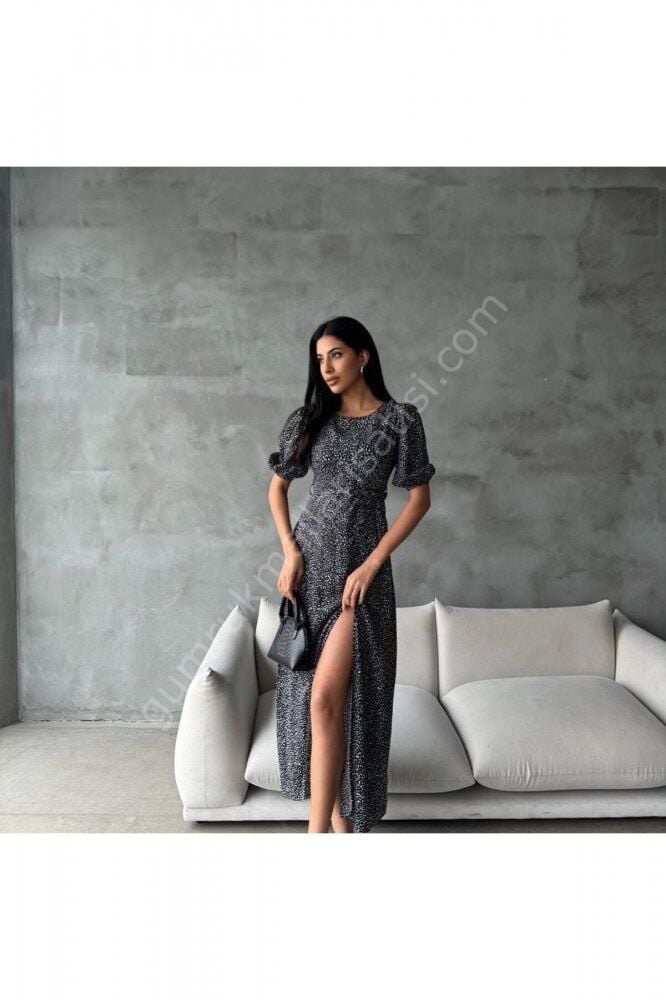 Yırtmaçlı Kemerli Viskon Viskem Elbise