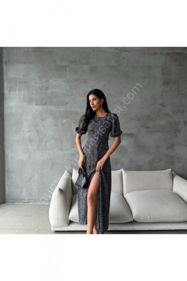 Yırtmaçlı Kemerli Viskon Viskem Elbise