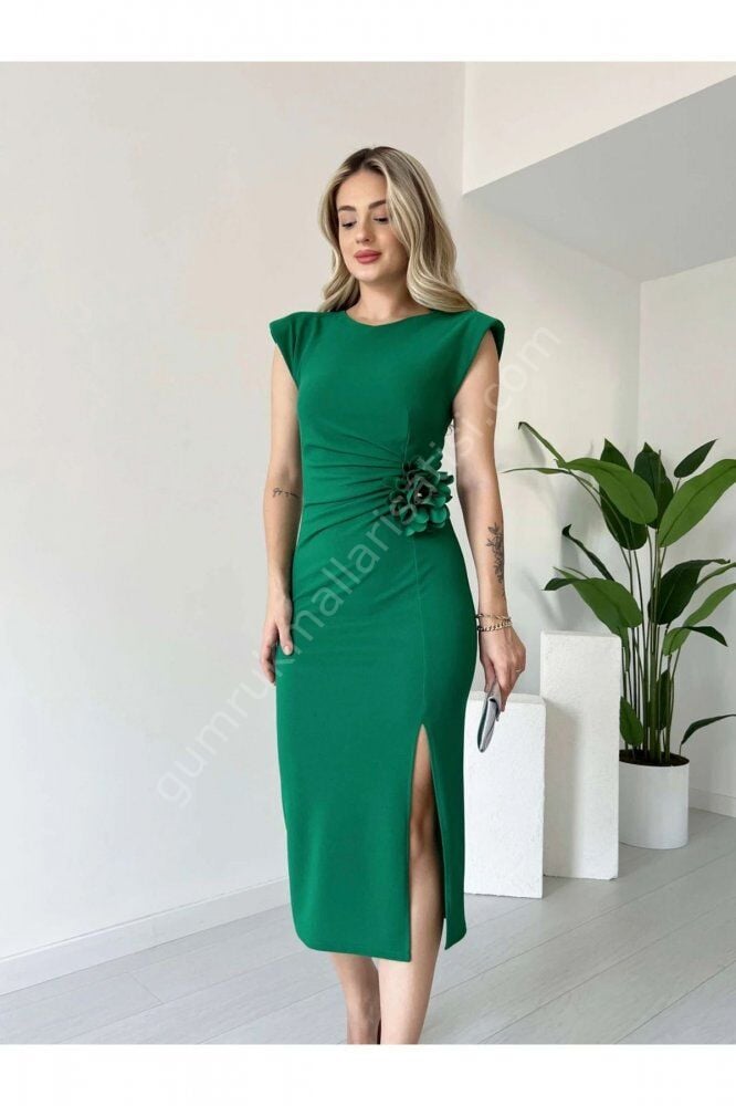 Çiçek Detaylı Jasmin Yeşil Elbise