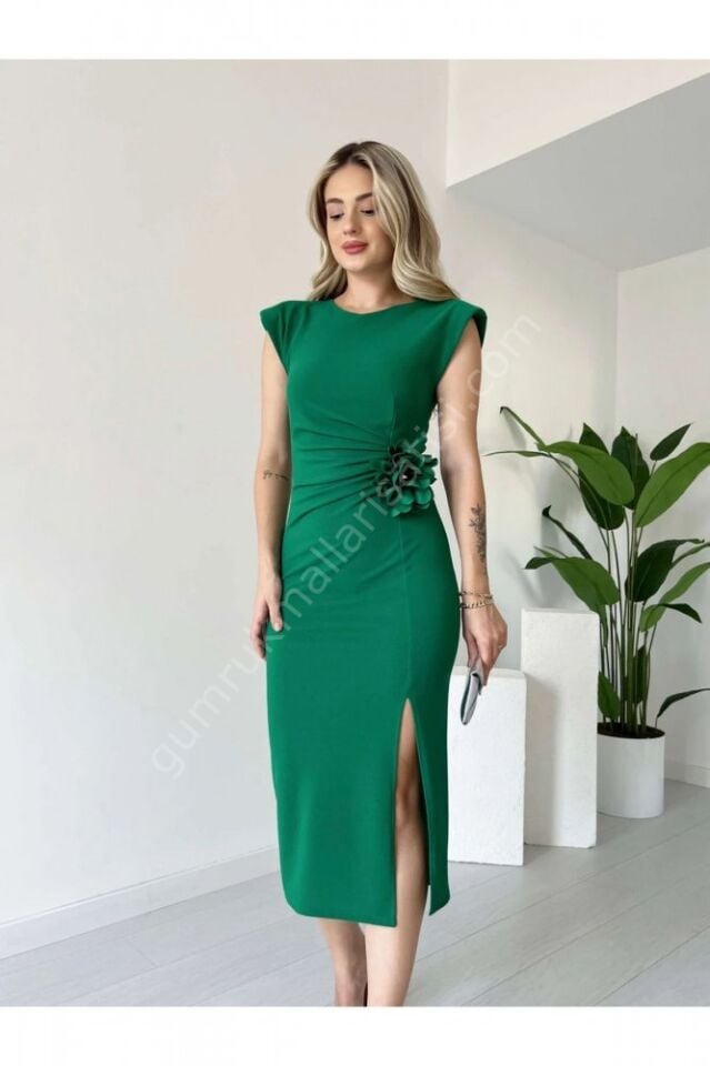 Çiçek Detaylı Jasmin Yeşil Elbise