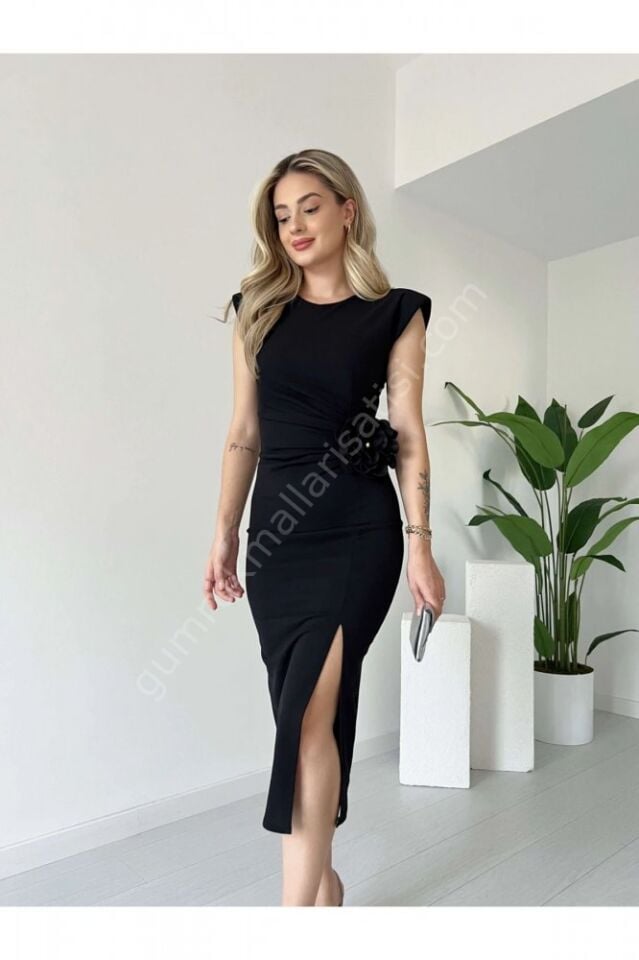 Çiçek Detaylı Jasmin Siyah Elbise