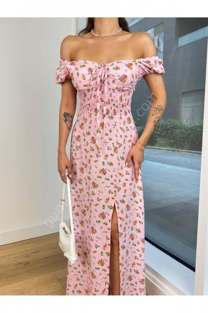 Beli Lastikli Yırtmaçlı Belika Pembe Elbise