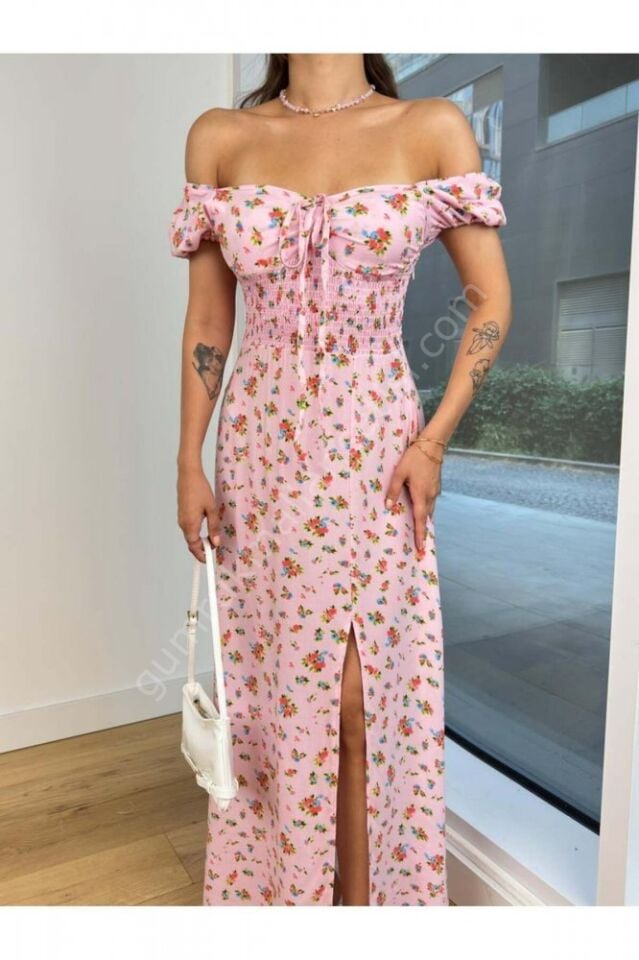 Beli Lastikli Yırtmaçlı Belika Pembe Elbise