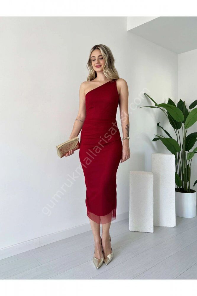 Omuz Detaylı Tül Kırmızı Elbise