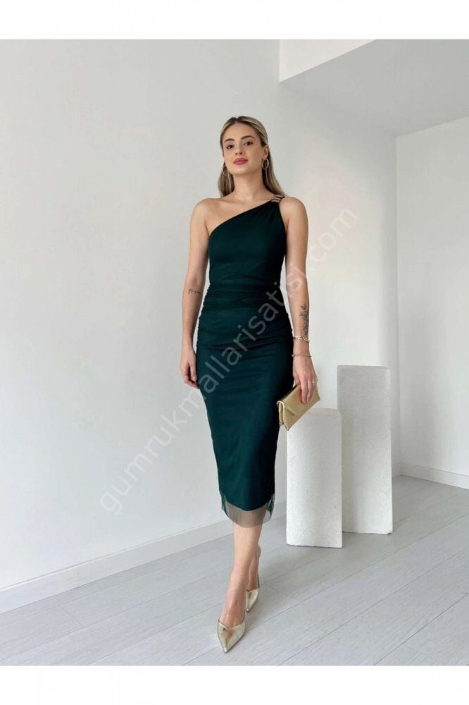 Omuz Detaylı Tül Yeşil Elbise