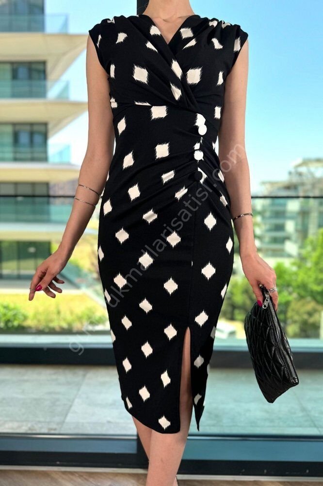 Beli Düğme Detaylı Krep siyah Elbise