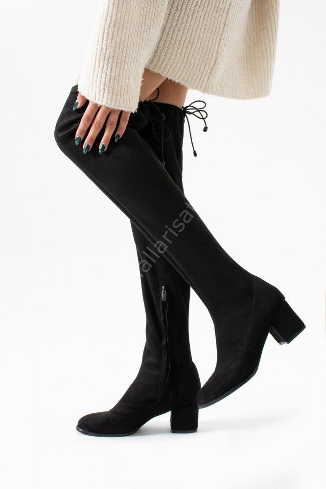 Marya Siyah Süet Streç Diz Üstü Kadın Topuklu Çizme