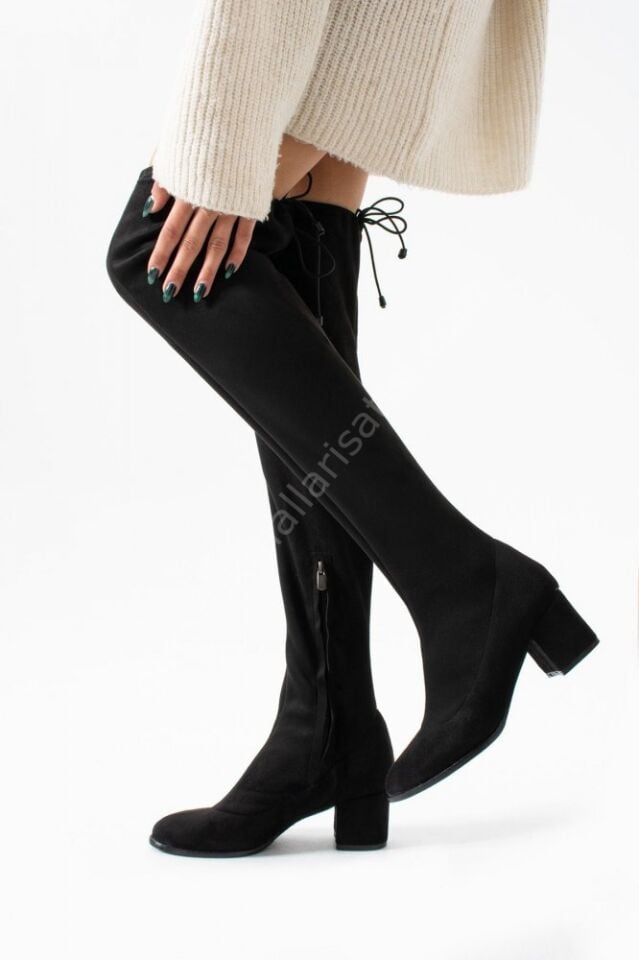Marya Siyah Süet Streç Diz Üstü Kadın Topuklu Çizme