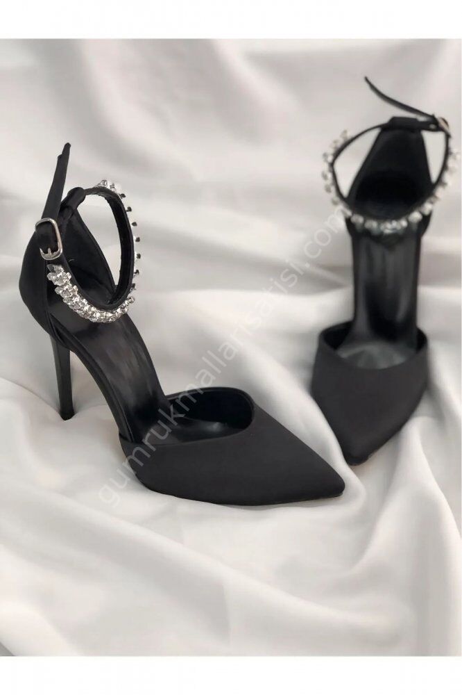 Rahat Taşlı Stiletto Siyah Saten Topuklu Ayakkabı