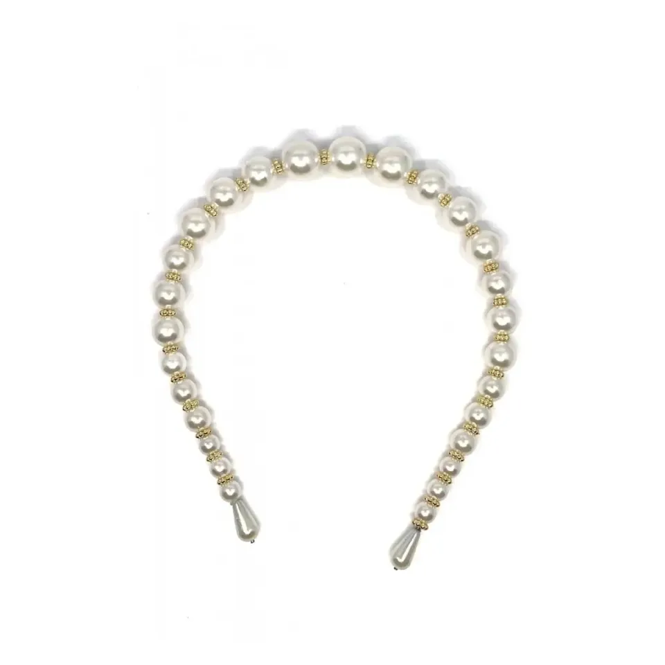 Altın Renk Boncuklu Büyük İncili Beyaz Taç