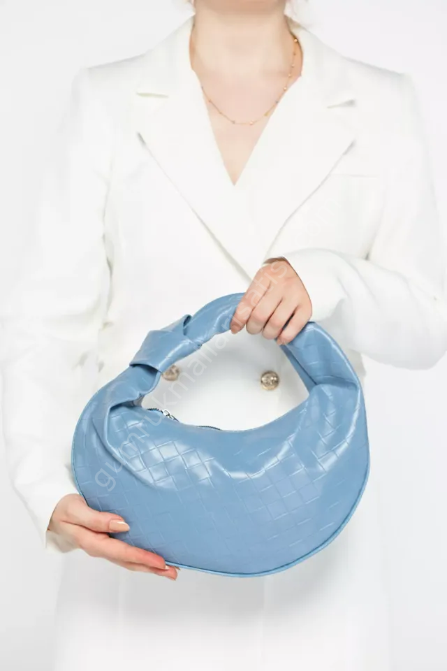 Hasır Örgü Desenli Günlük El Çantası Mavi