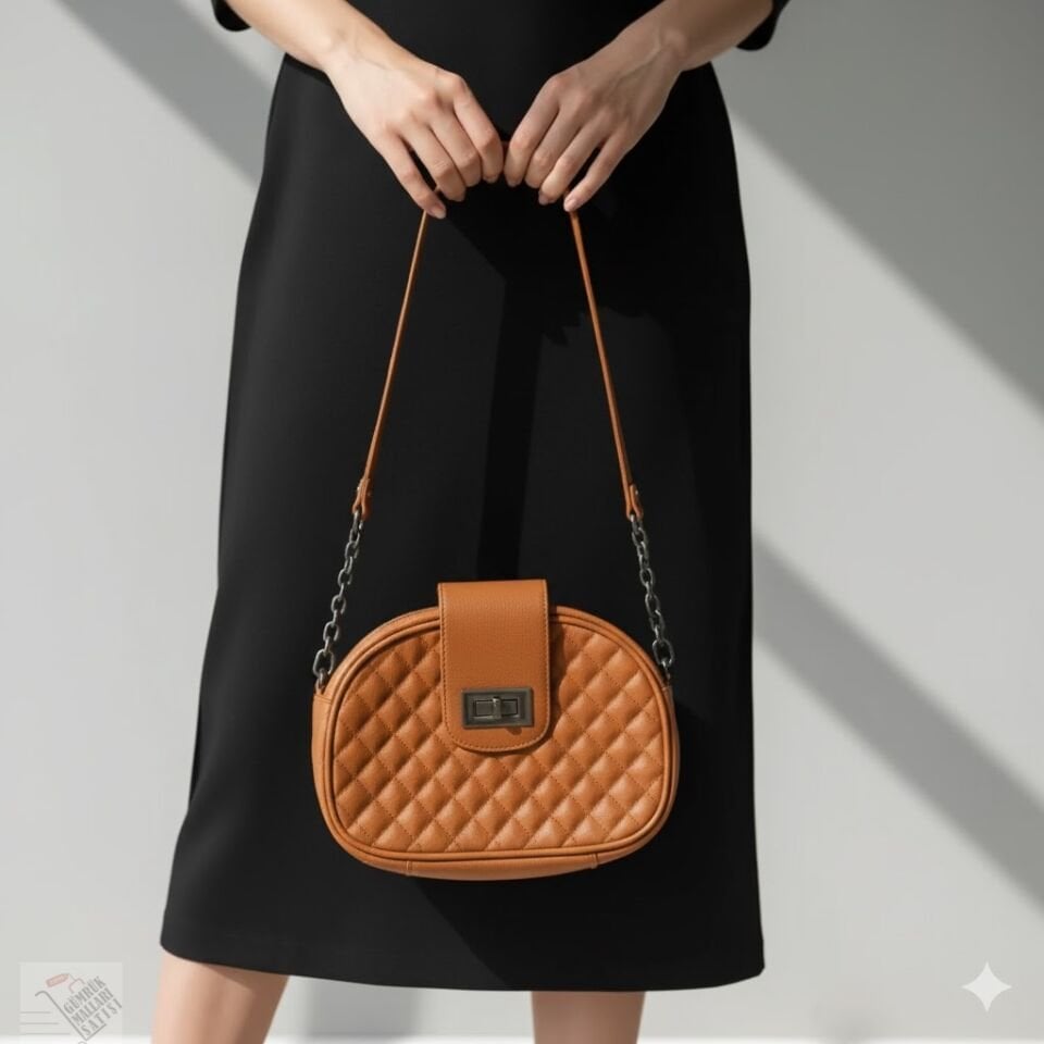 Kadın Kapitone Desenli Zincir Askılı Omuz Çantası Taba