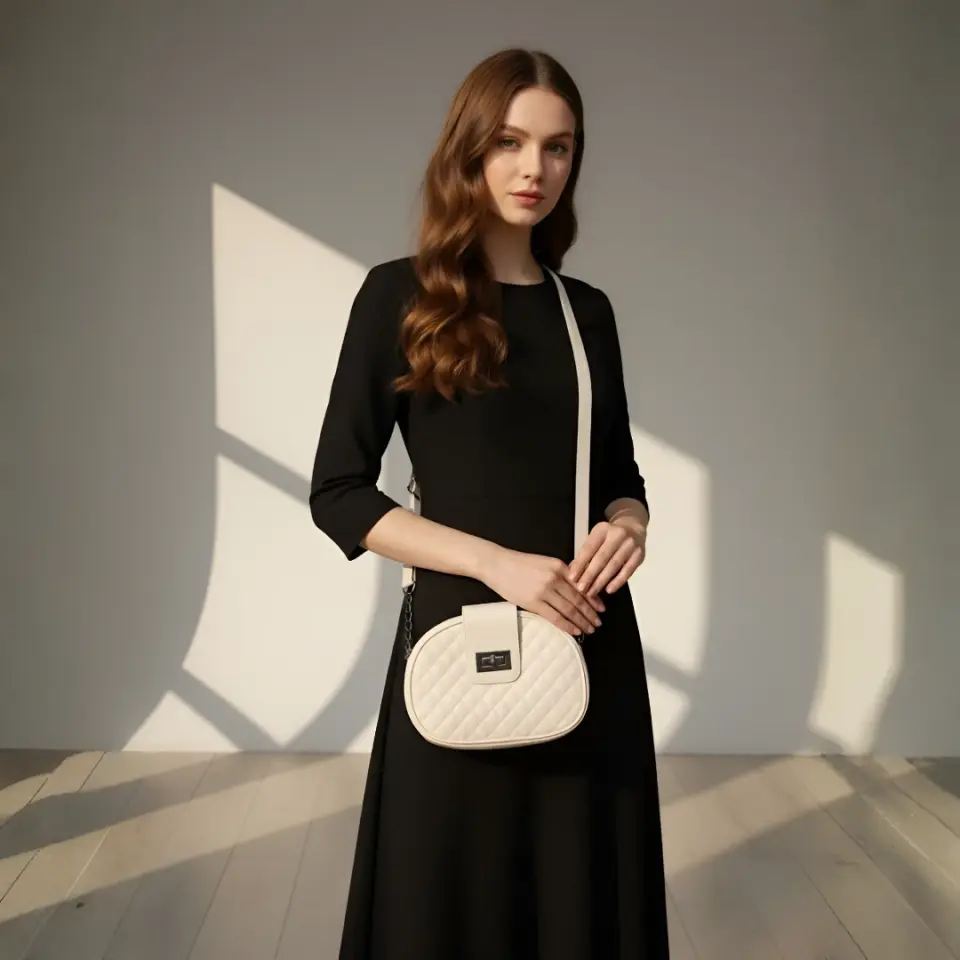 Kadın Kapitone Desenli Zincir Askılı Omuz Çantası Krem